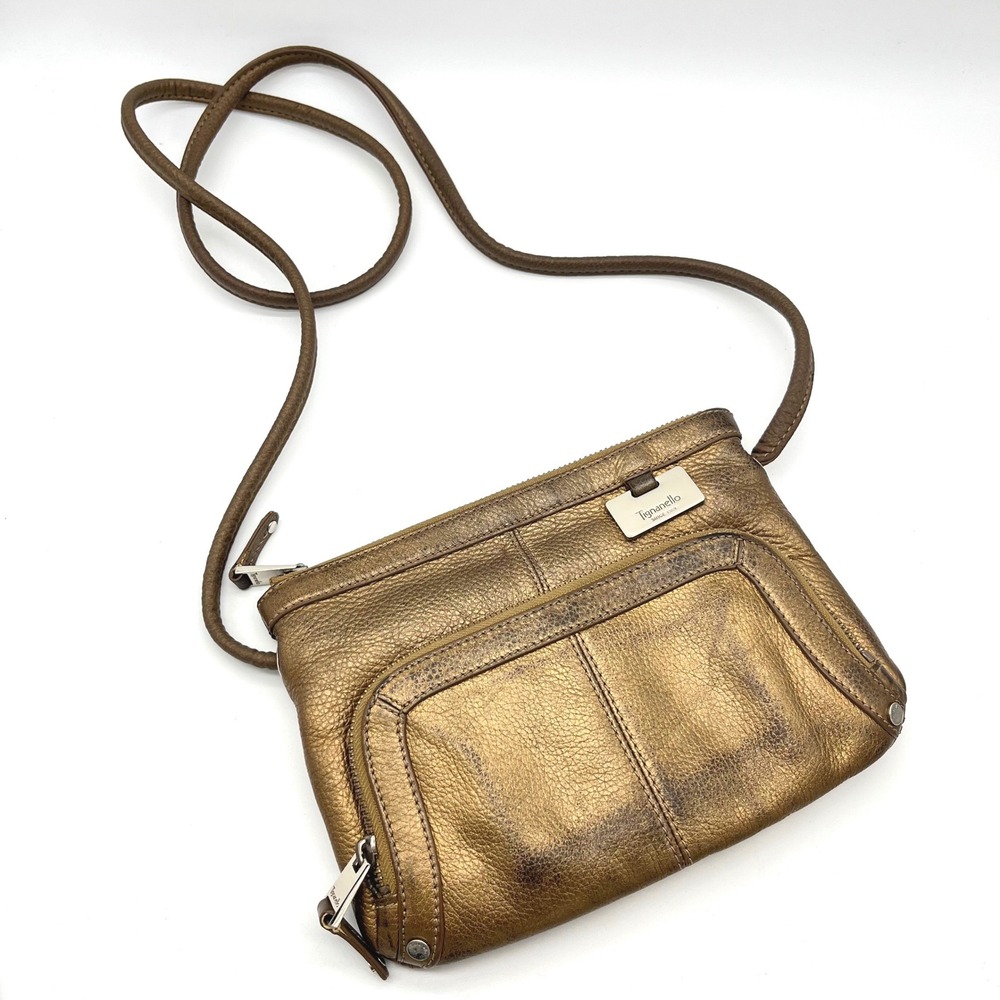 Tignanello Bronze Metallic Leather‎ Crossbody Bag Zip Pockets Adjustable Strap